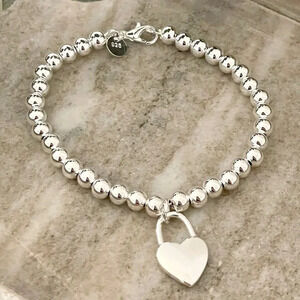 925 Sterling Silver Bead Bracelet Thick Chunky Heart Bracelet Dangle Heart